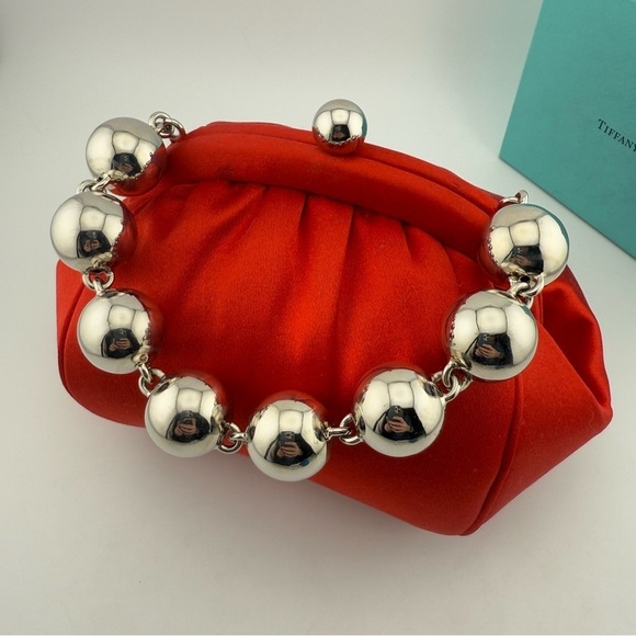 RARE Tiffany & Co. Red Satin Handbag with Silver Ball Bracelet Handle Strap - Picture 1 of 11